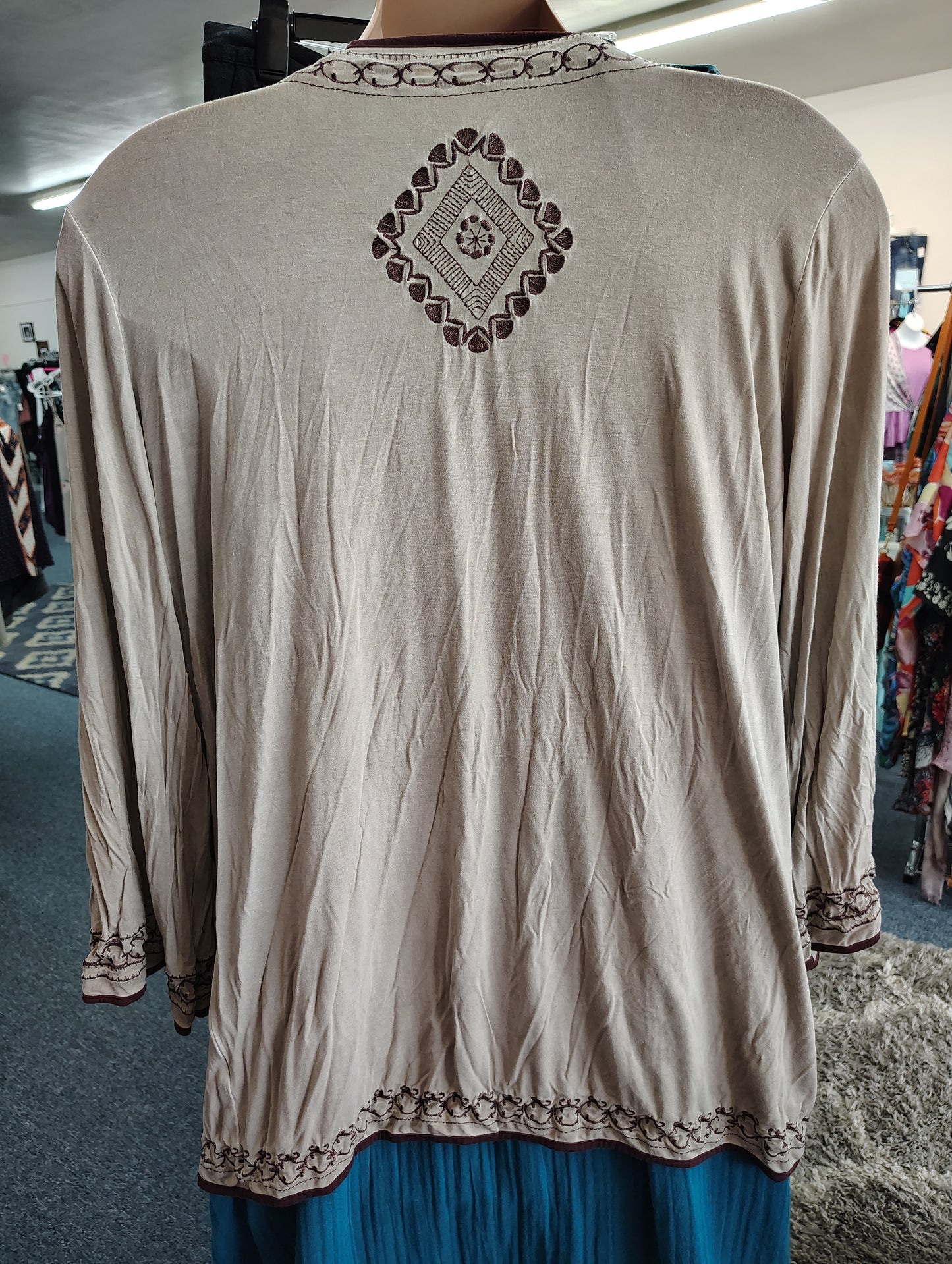 Brown kimono coverup cardigan with design size 1x