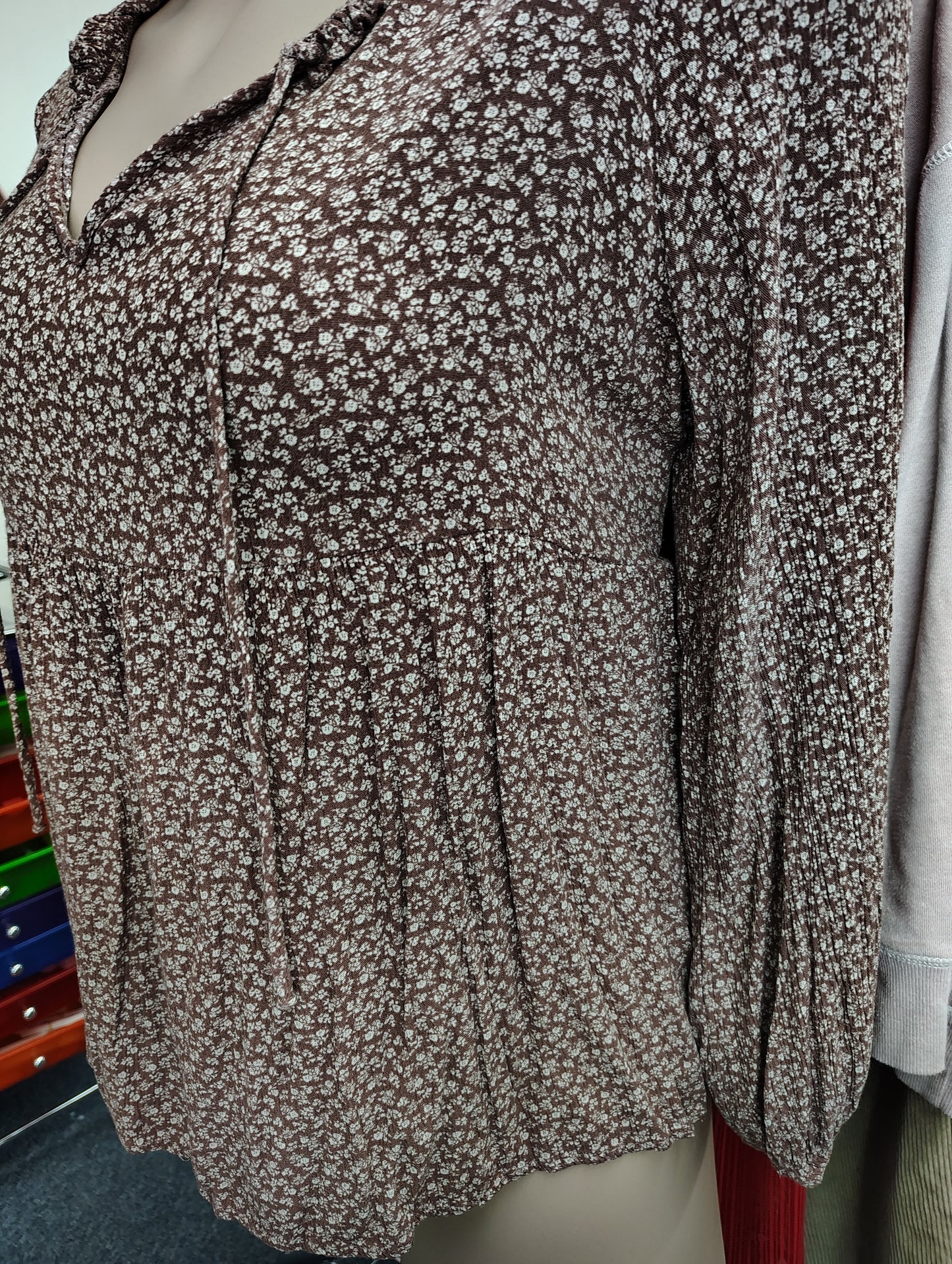 White Birch floral brown babydoll top size 2x