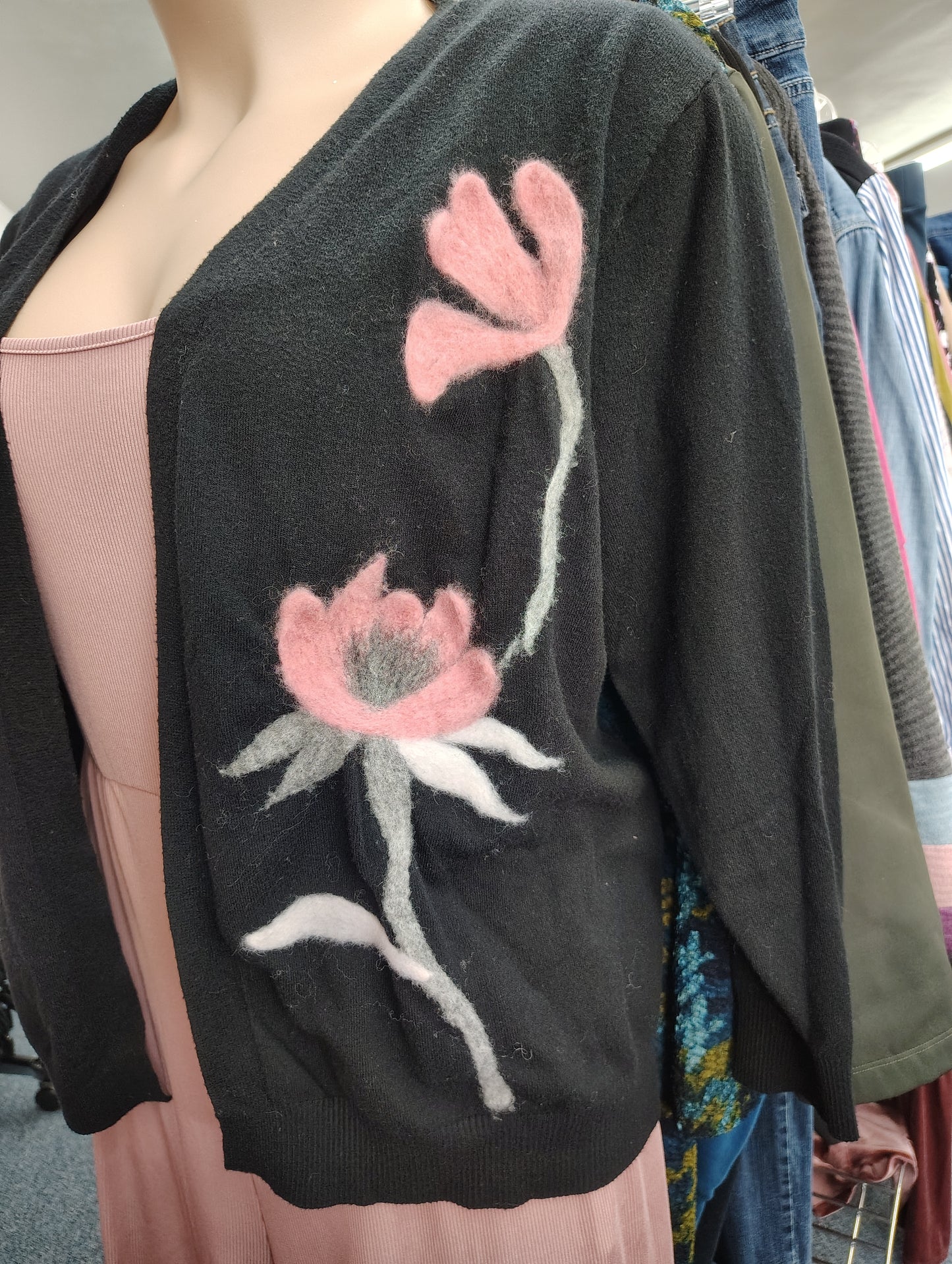 Aaeda black cardigan with raised flowers size 2x
