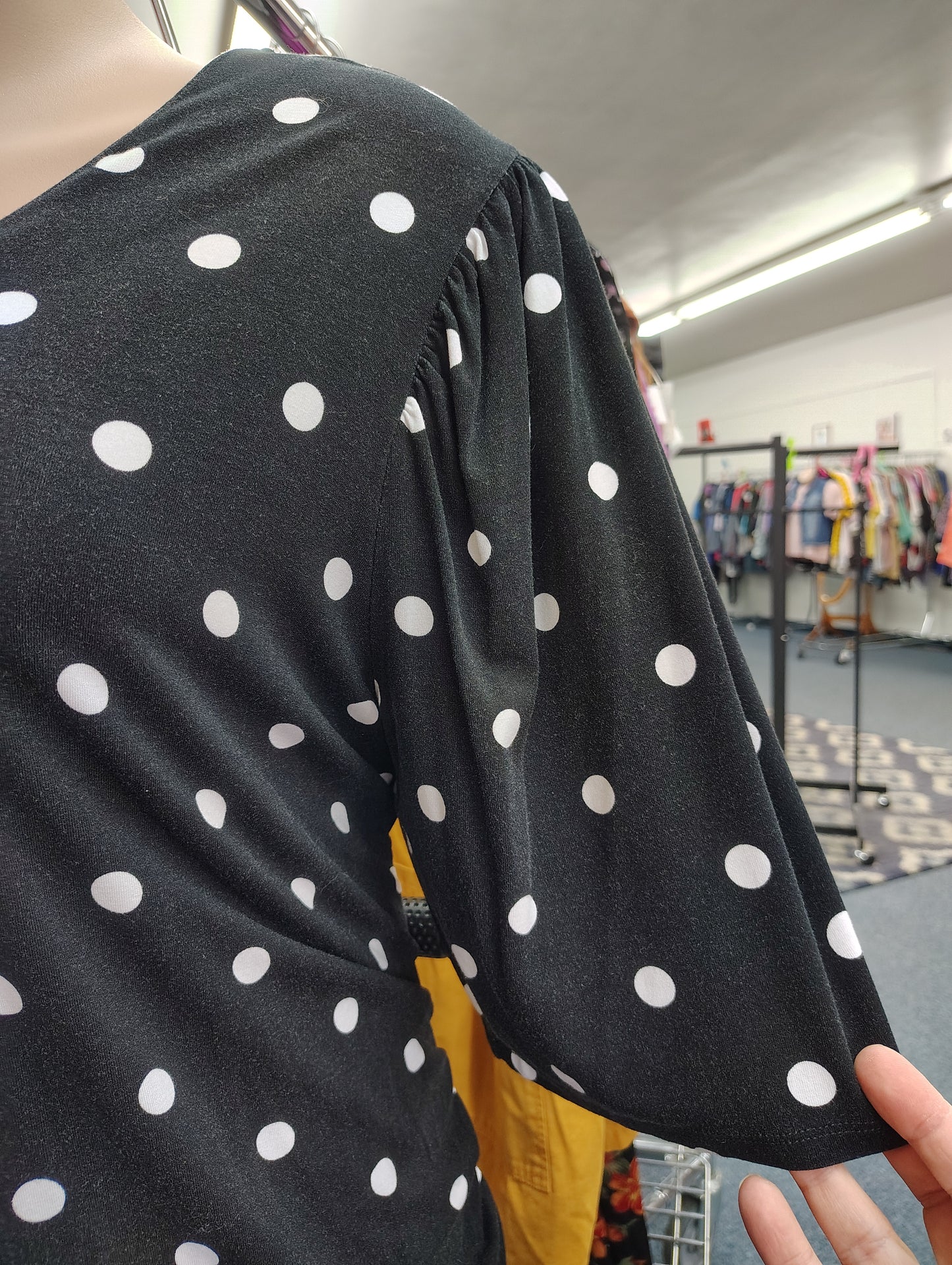 Cato polka dot black top ruched sides 4x