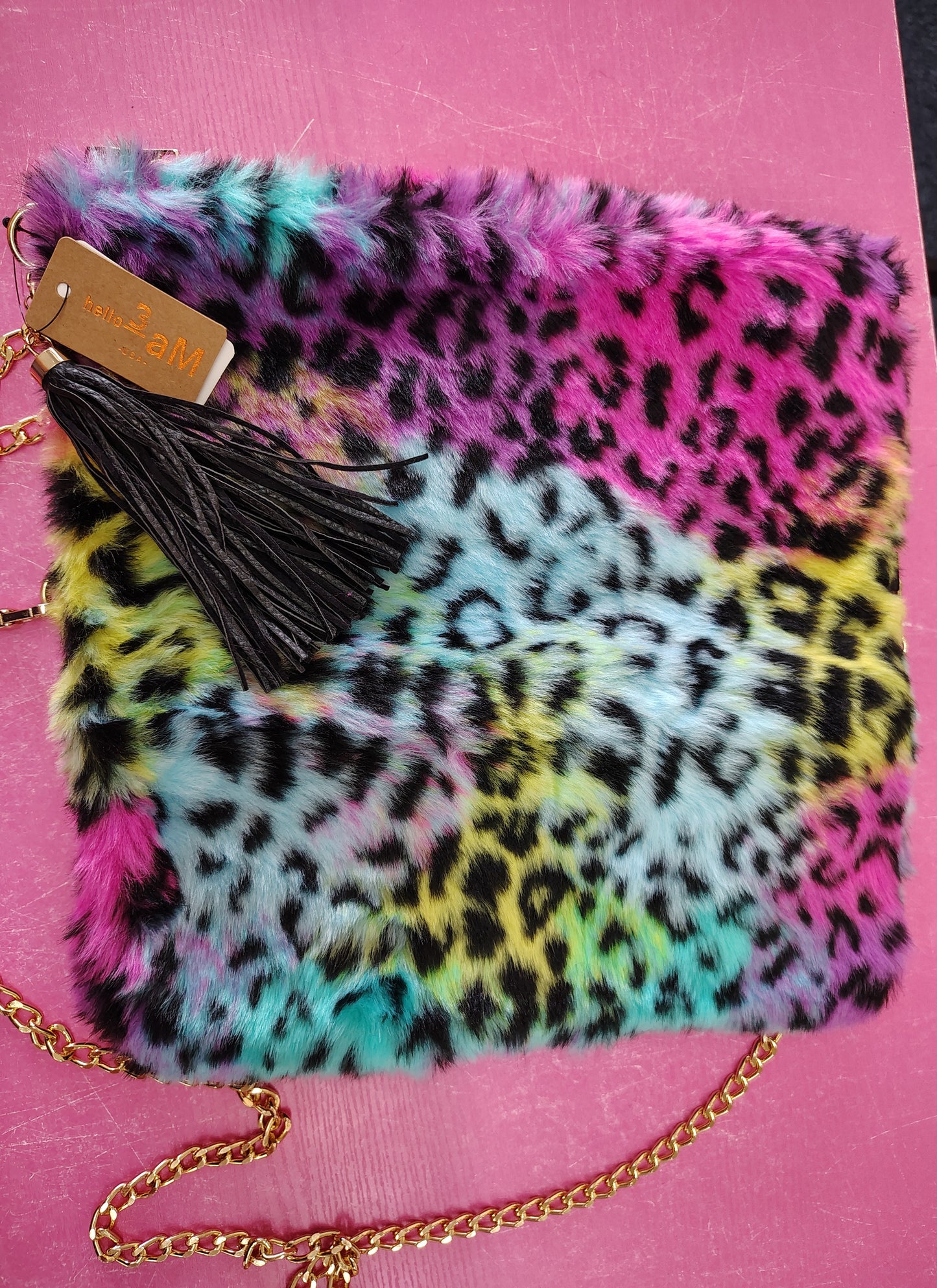 New fuzzy rainbow crossbody clutch bag