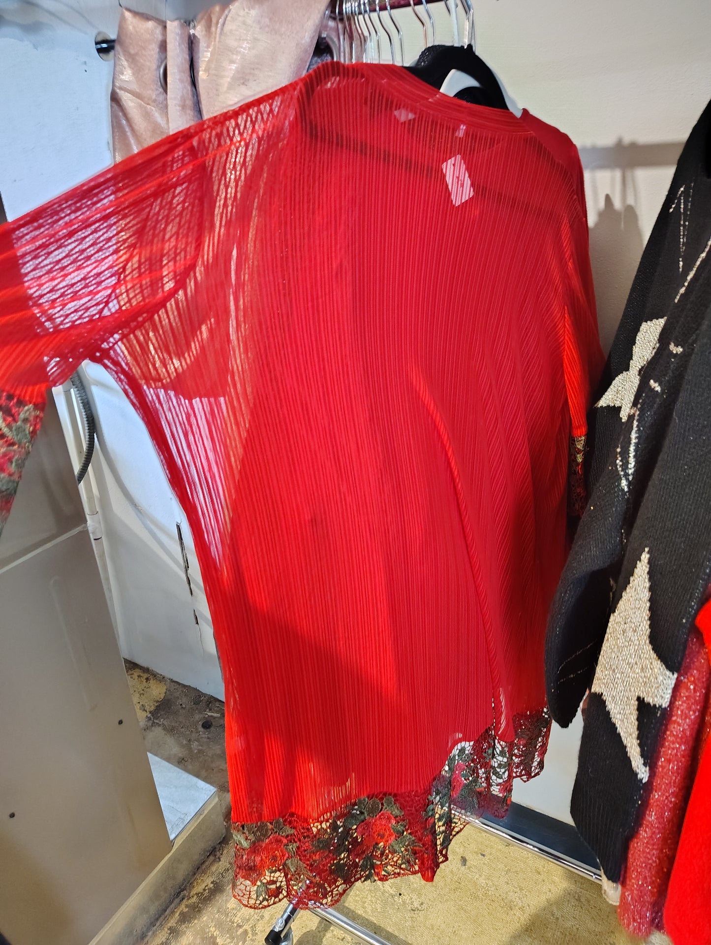 Red pleated kimono coverup with floral accent 2x