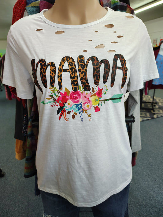 Distressed mama white tee size xl floral