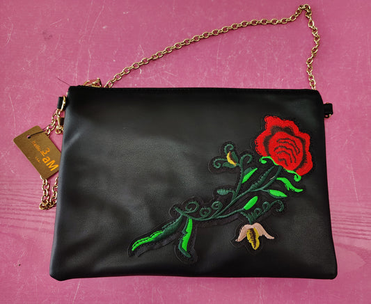 Black rose new clutch bag zip top chain strap